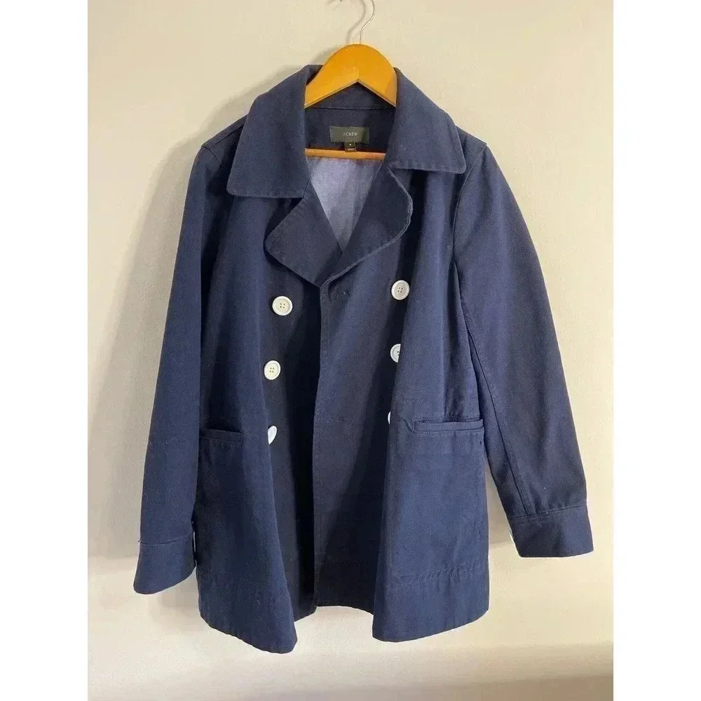 J Crew Heavyweight  Cotton Peacoat size 6 Navy Twill preppy nautical - Picture 5 of 12